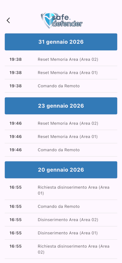 Schermata registro eventi